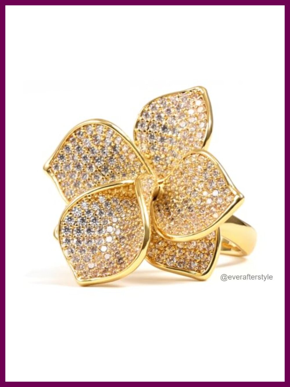 14K Gold Plated Brass Adjustable Flower Statement Ring with Cubic Zirconia